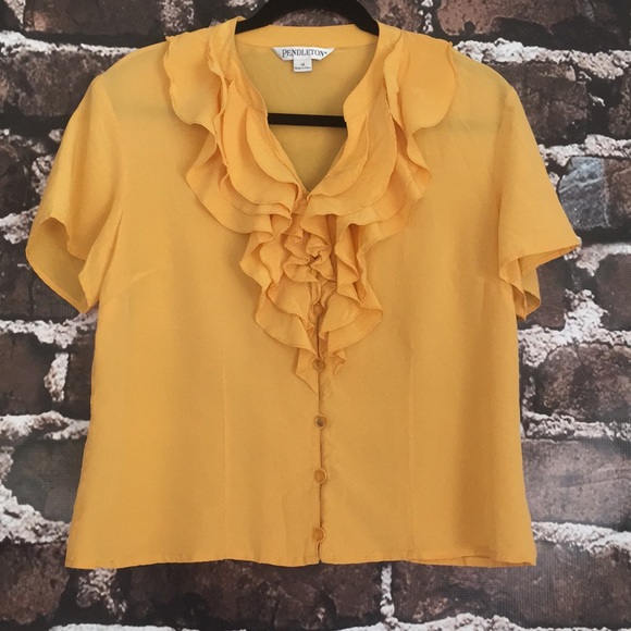 Pendleton Tops - Pendleton silk ruffle front blouse top yellow 14